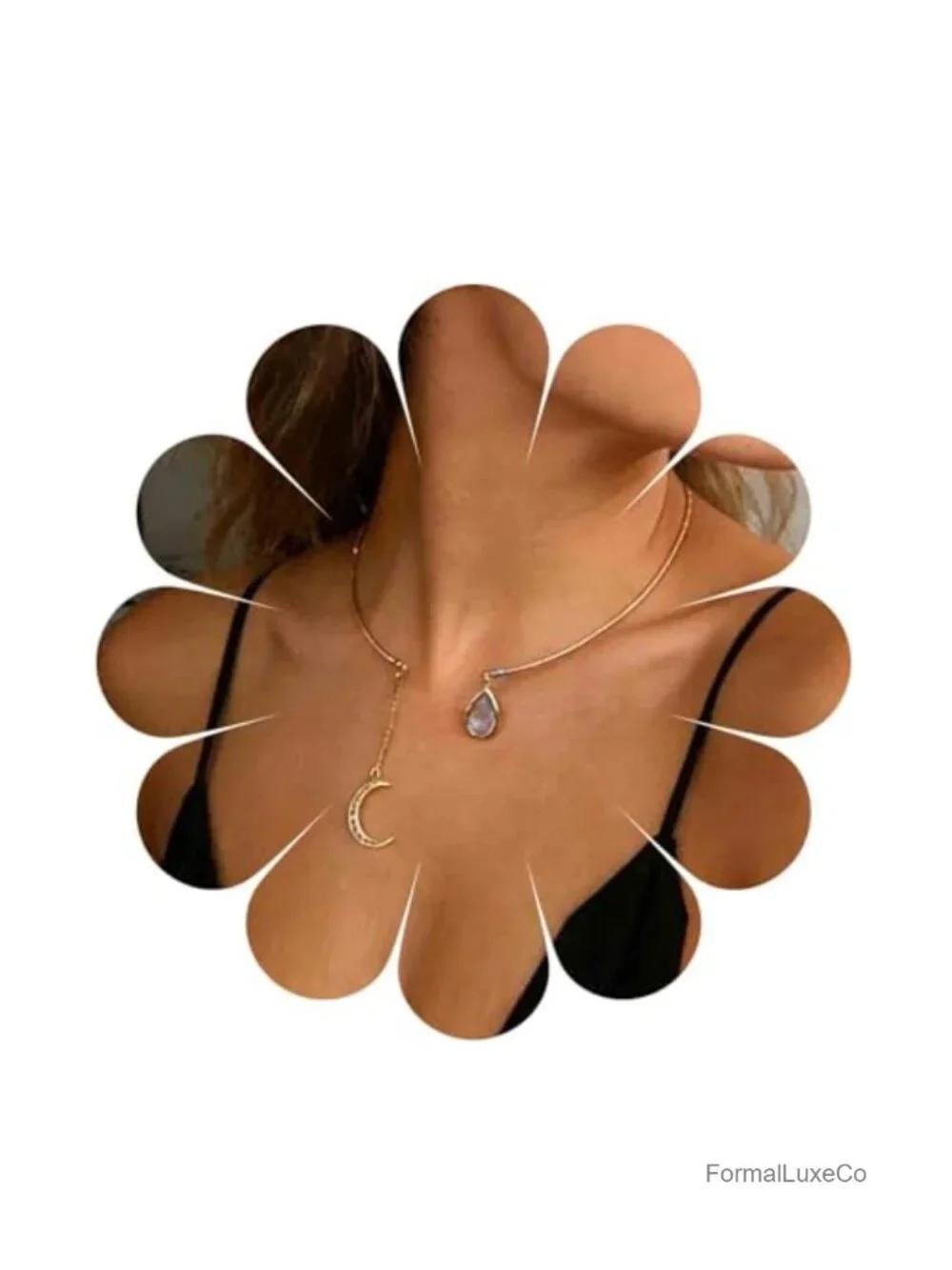 Boho Gold Open Collar Necklace Crystal Moon Pendant Choker Alloy Jewelry
